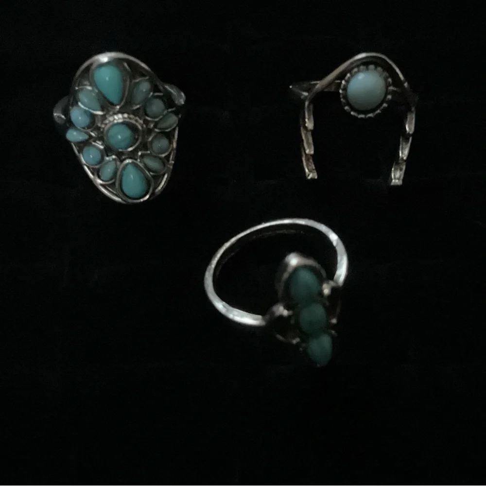 New x3 Silver Tone Rings Turquoise Inspired Trendy Fashion Ring Set Size 7 / 8